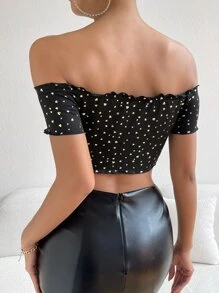 SHEIN Privé Gold Heart Print Off Shoulder Knot Front Crop Top - Multicolor - View 2