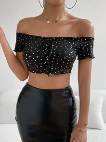SHEIN Privé Gold Heart Print Off Shoulder Knot Front Crop Top - Multicolor - View 5