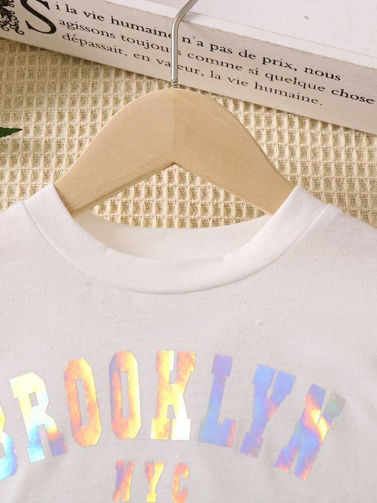 SHEIN Conjunto de 2 piezas de manga Regular con cuello redondo, informal, urbano, informal, con estampado de letras para chica joven, para verano - Multicolor - Ver 3