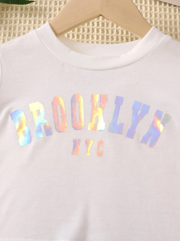 SHEIN Conjunto de 2 piezas de manga Regular con cuello redondo, informal, urbano, informal, con estampado de letras para chica joven, para verano - Multicolor - Ver 4