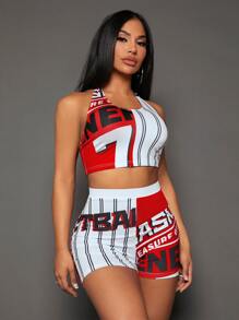 SHEIN SXY Bộ đồ hai mảnh nữ Lộ Lưng Lá thư Sọc Giải trí - Nhiều màu - Xem 6