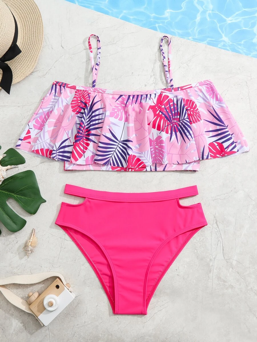 SHEIN Teen Girls Tropical Print Cut Out Bikini Set Summer Beach - Pink - View 1