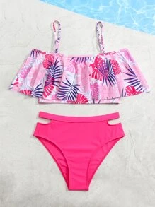 SHEIN Teen Girls Tropical Print Cut Out Bikini Set Summer Beach - Pink - View 3