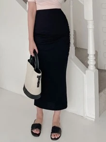 DAZY 素色褶邊開衩側半身裙 - 黑色 - 查看 3