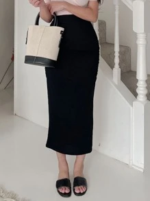 DAZY 素色褶邊開衩側半身裙 - 黑色 - 查看 4