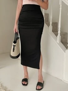 DAZY 素色褶邊開衩側半身裙 - 黑色 - 查看 7