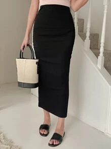 DAZY 素色褶邊開衩側半身裙 - 黑色 - 查看 8