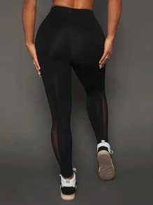 SHEIN SXY 網紗拼接拼接緊身打底褲 - 黑色 - 查看 3