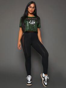 SHEIN SXY 網紗拼接拼接緊身打底褲 - 黑色 - 查看 5