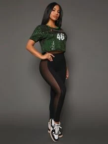 SHEIN SXY 網紗拼接拼接緊身打底褲 - 黑色 - 查看 6