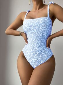 SHEIN Swim Bañador una pieza floral de hombros con cordón - Azul y blanco - Ver 6