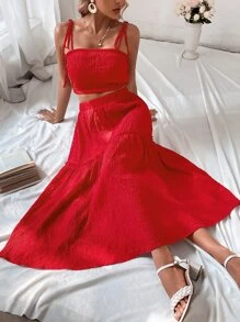 SHEIN VCAY Tie Shoulder Cami Top & Ruffle Hem Skirt - Red - View 3