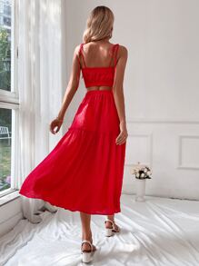 SHEIN VCAY Tie Shoulder Cami Top & Ruffle Hem Skirt - Red - View 2