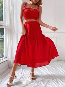 SHEIN VCAY Tie Shoulder Cami Top & Ruffle Hem Skirt - Red - View 1