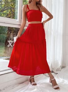 SHEIN VCAY Tie Shoulder Cami Top & Ruffle Hem Skirt - Red - View 5