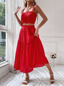 SHEIN VCAY Tie Shoulder Cami Top & Ruffle Hem Skirt - Red - View 6