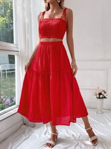 SHEIN VCAY Tie Shoulder Cami Top & Ruffle Hem Skirt - Red - View 7