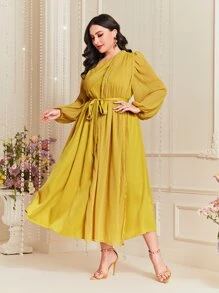 Modelyn Plus Asymmetrical Neck Lantern Sleeve Belted Dress - Mustard Yellow - View 2