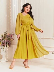 Modelyn Plus Asymmetrical Neck Lantern Sleeve Belted Dress - Mustard Yellow - View 4