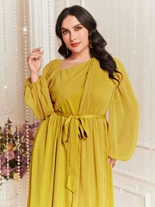 Modelyn Plus Asymmetrical Neck Lantern Sleeve Belted Dress - Mustard Yellow - View 5