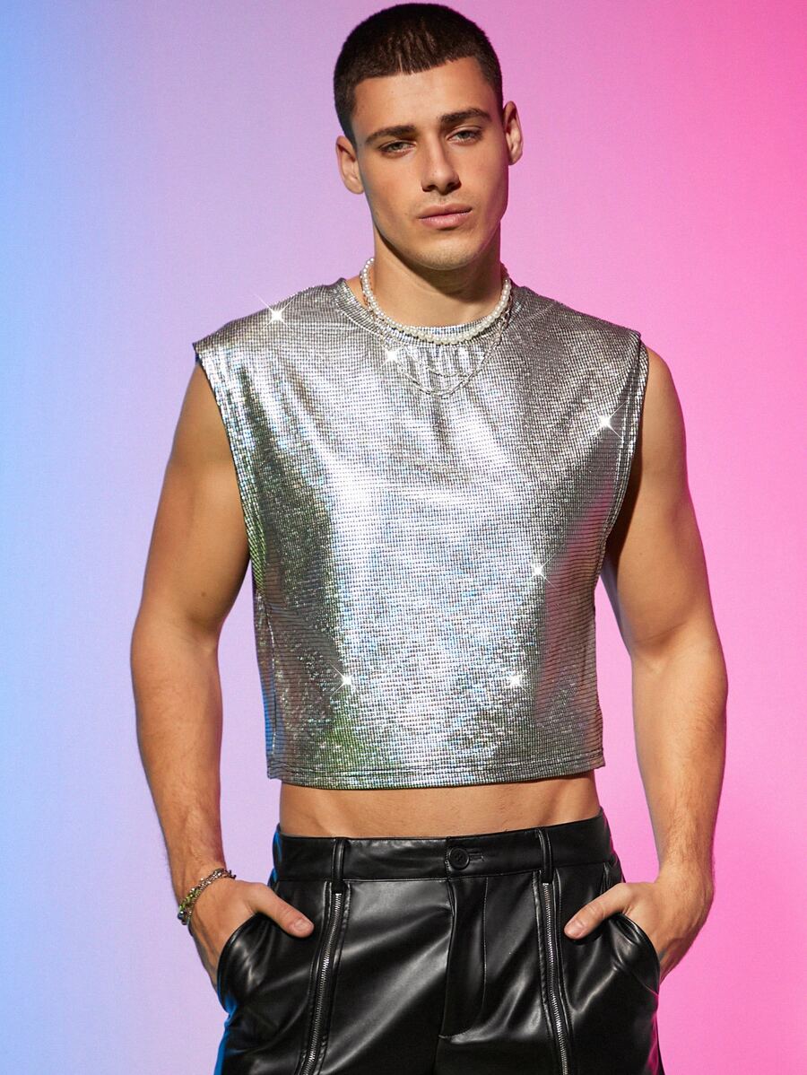 FeverCity 男士金屬亮絲短款背心 - 銀色 - 查看 1