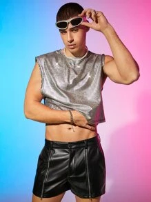 FeverCity 男士金屬亮絲短款背心 - 銀色 - 查看 5