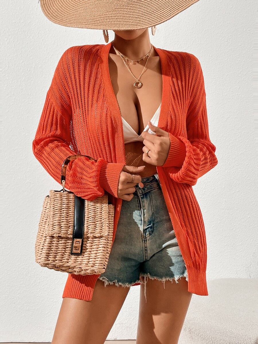 SHEIN VCAY Drop Shoulder Open Front Ribbed Knit Duster Cardigan - Burnt Orange - View 1