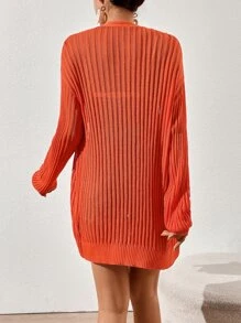 SHEIN VCAY Drop Shoulder Open Front Ribbed Knit Duster Cardigan - Burnt Orange - View 2