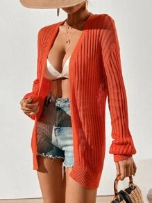 SHEIN VCAY Drop Shoulder Open Front Ribbed Knit Duster Cardigan - Burnt Orange - View 4