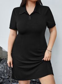 SHEIN EZwear Vestido estilo camiseta unicolor de cuello polo - Negro - Ver 1