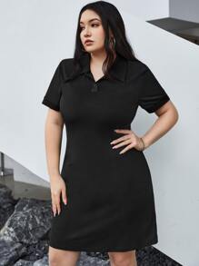 SHEIN EZwear Vestido estilo camiseta unicolor de cuello polo - Negro - Ver 3