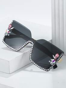 Rhinestone Decor Fashion Glasses Y2K Big Glasses - Dark Grey - View 2