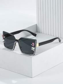 Rhinestone Decor Fashion Glasses Y2K Big Glasses - Dark Grey - View 3