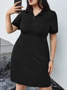 SHEIN EZwear Vestido estilo camiseta unicolor de cuello polo - Negro - Ver 5