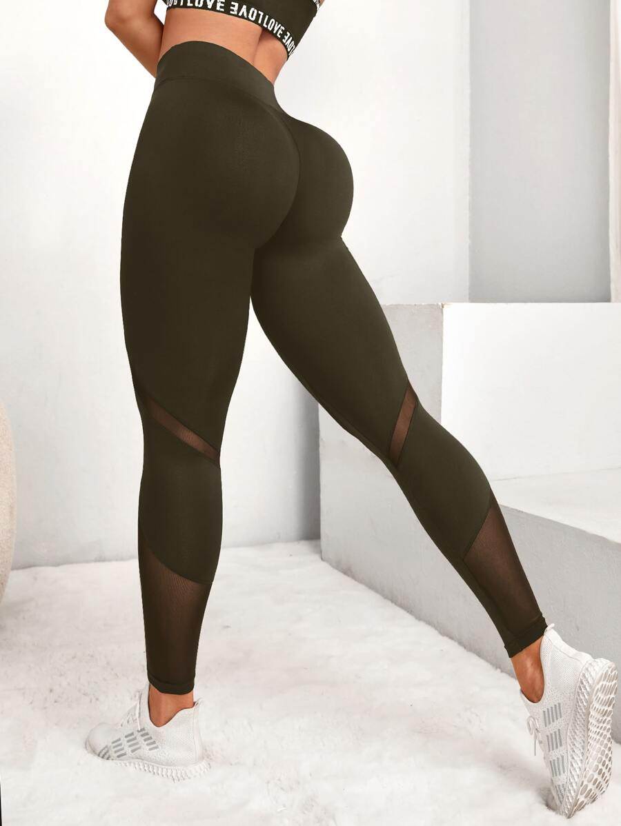 SHEIN Yoga Basic 寬腰帶嵌入網紗收復運動打底褲 - 軍綠色 - 查看 1