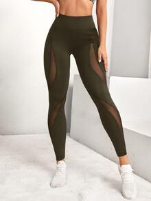 SHEIN Yoga Basic 寬腰帶嵌入網紗收復運動打底褲 - 軍綠色 - 查看 2