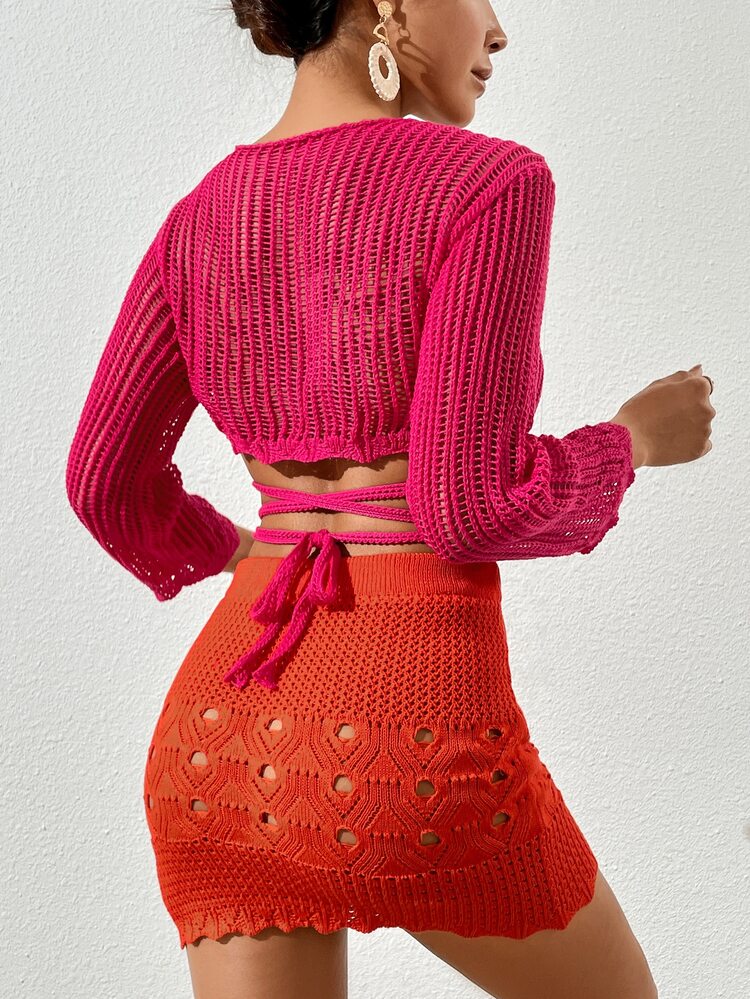 Wrap Tie Back Crop Cardigan & Knit Skirt