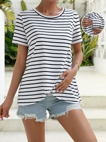 SHEIN 孕婦條紋印花哺乳T恤 - 白色 - 查看 1