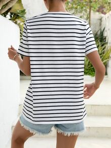 SHEIN 孕婦條紋印花哺乳T恤 - 白色 - 查看 2