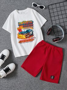 SHEIN 男孩汽車和標語圖案T恤和短褲 - 紅色 - 查看 1