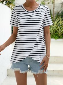 SHEIN 孕婦條紋印花哺乳T恤 - 白色 - 查看 7