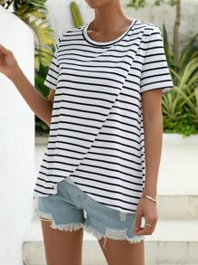 SHEIN 孕婦條紋印花哺乳T恤 - 白色 - 查看 6