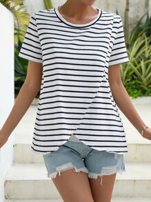 SHEIN 孕婦條紋印花哺乳T恤 - 白色 - 查看 4