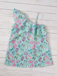 SHEIN Girls Letter Graphic Asymmetrical Neck Ruffle Trim Dress - Multicolor - View 2