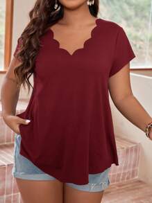 SHEIN LUNE Plus Scallop Trim Solid Tee - Burgundy - View 5
