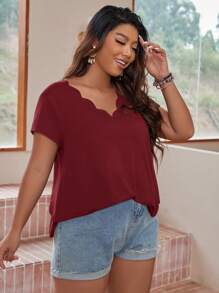 SHEIN LUNE Plus Scallop Trim Solid Tee - Burgundy - View 6
