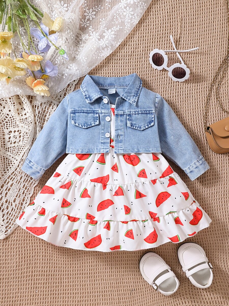 SHEIN Baby Flap Pocket Denim Jacket & Watermelon Print Ruffle Hem Cami Dress - Multicolor - View 1
