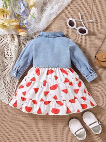 SHEIN Baby Flap Pocket Denim Jacket & Watermelon Print Ruffle Hem Cami Dress - Multicolor - View 2