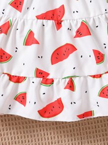 SHEIN Baby Flap Pocket Denim Jacket & Watermelon Print Ruffle Hem Cami Dress - Multicolor - View 3