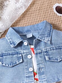 SHEIN Baby Flap Pocket Denim Jacket & Watermelon Print Ruffle Hem Cami Dress - Multicolor - View 4